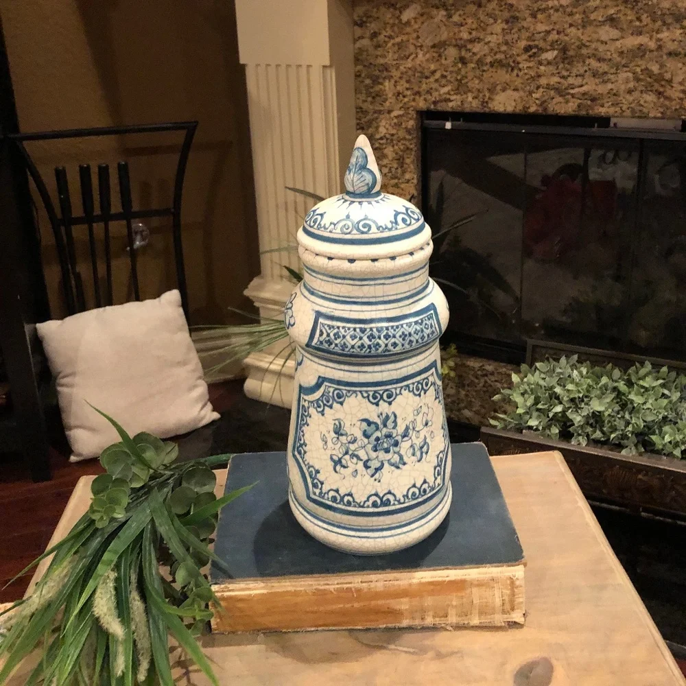 Large Benlloch Spanish Pitcher Vase Crackle Glaze Blue White 13.5 Inches Tall - Picture 7 of 8